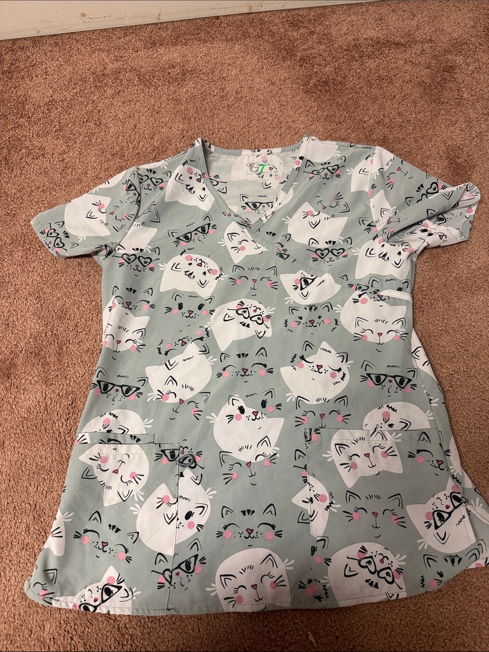 Cat Print V-Neck Scrub Top